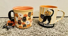 Halloween Retro Ceramic Mug Cup Set of 2 Black Cat Pumpkins Spectrum Designz