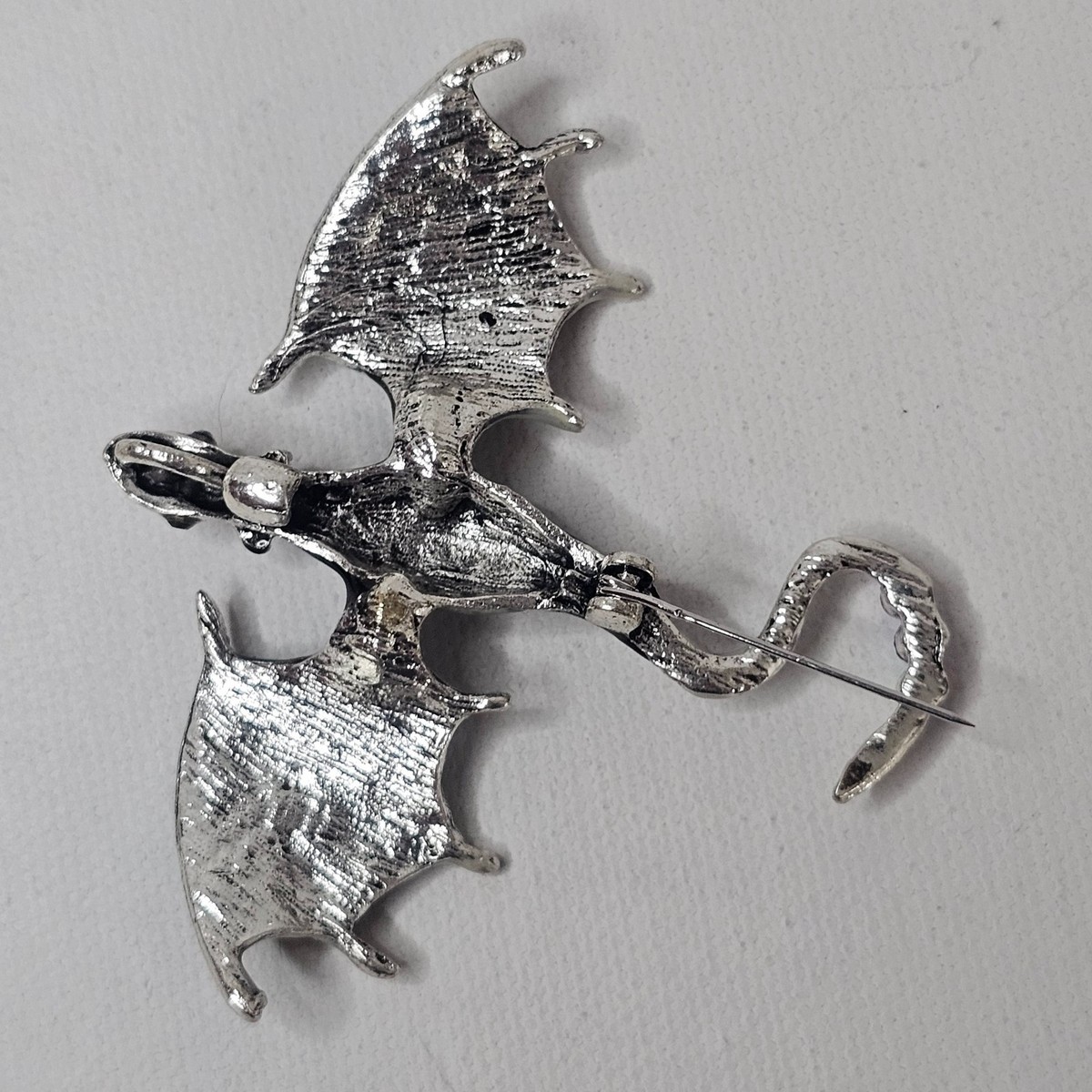 Flying Dragon Figural Brooch Black SilverTone Red AB Rhinestone Unmarked Pendant View 6