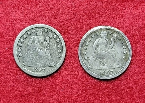 1857 Silver Seated Liberty 10c Ten Cents Lot Of Two VG & VF Detail