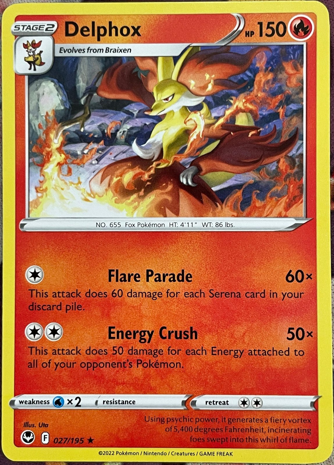 Delphox Rare - 027/195 - Silver Tempest Pokemon 2022