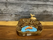 Vintage Rock Pond Deer Salmon Ashtray Ceramic 1970s 6X6 Base
