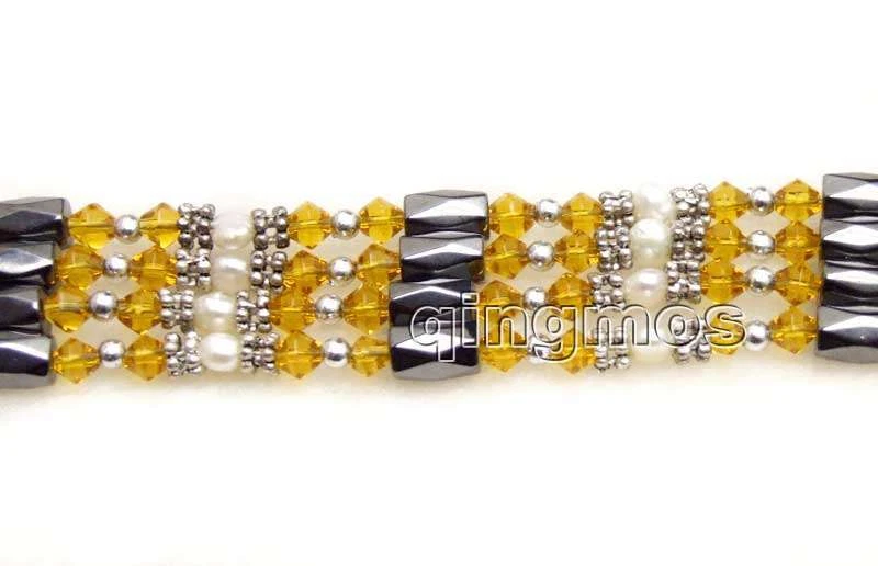 4-5mm White Pearl Bracelet for Women Orange Crystal Black Hematite Magnetic 36'' - Image 4 of 4