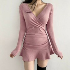 Women Mini Dress Long Sleeve V-neck Ruffle Bodycon Pleated Stretch Sexy New