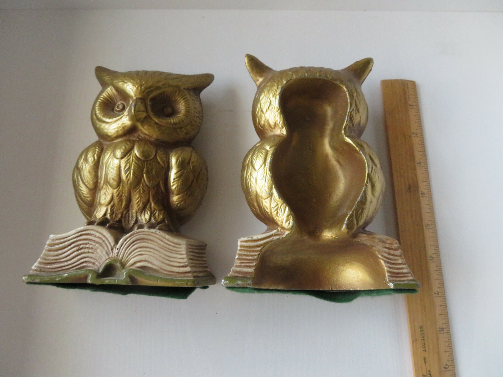 Vintage Metal owl bookends gold color standing on book Sexton USA 1970