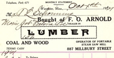 1921 WORCESTER MASS  F.O. ARNOLD LUMBER COAL WOOD 887 MILLBURY ST BILLHEAD Z1746