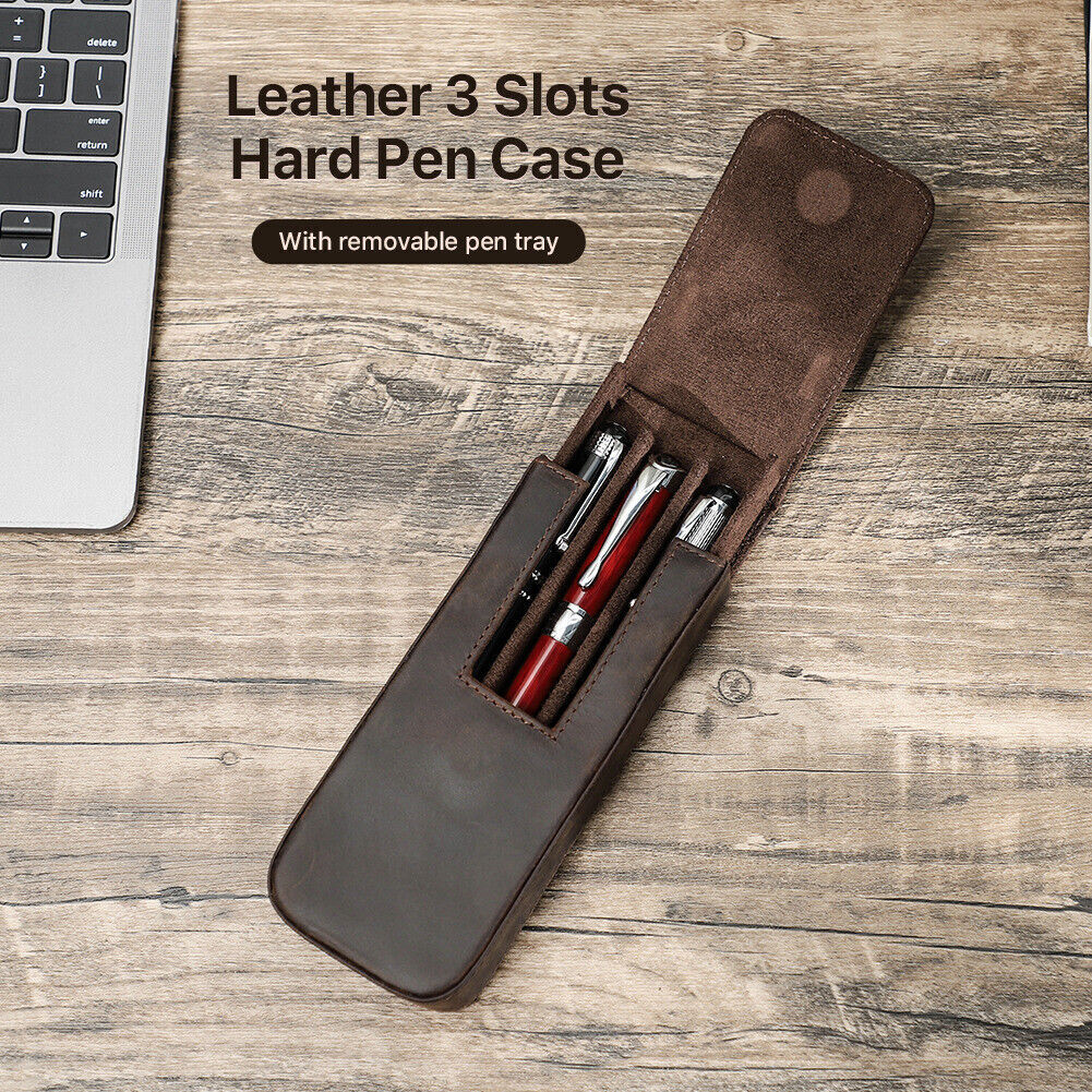 Genuine Leather 3 Slots Hard Fountain Pen Case Box Stationery Storage Pouch Gift