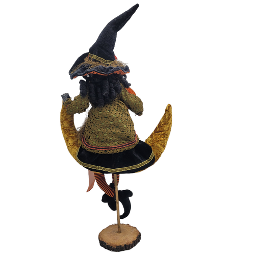 Halloween Witch Soft Sculpture Doll on Crescent Moon with Pumpkin on Stand - Picture 8 of 12