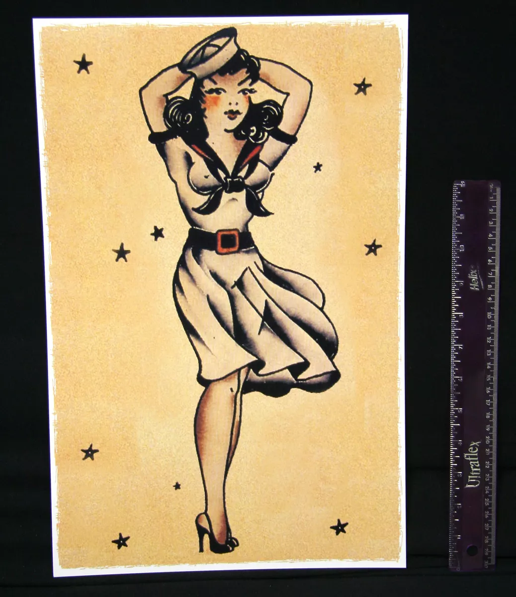 Sexy Navy Girl vintage Sailor Jerry Traditional style tattoo Pin Up poster  print