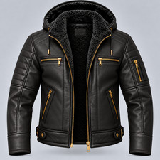 Chaqueta de bombardero con capucha de cuero real para hombre negra dorada cremallera forrada de sherpa abrigo de invierno