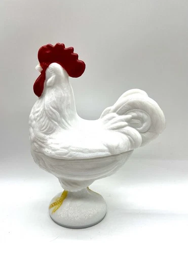 VTG Westmoreland Milk Glass Standing Rooster 2 PC Covered Candy Dish Farmhouse