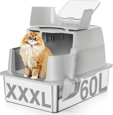 Stainless Steel Cat Litter Box W/ Lid 180 Flip-Top XXXL Extra Large Enclosed