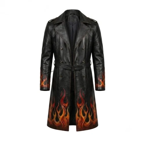 Men's Black HandForged Leather Trench Coat Gothic Flame Print Long Biker Duster image 2