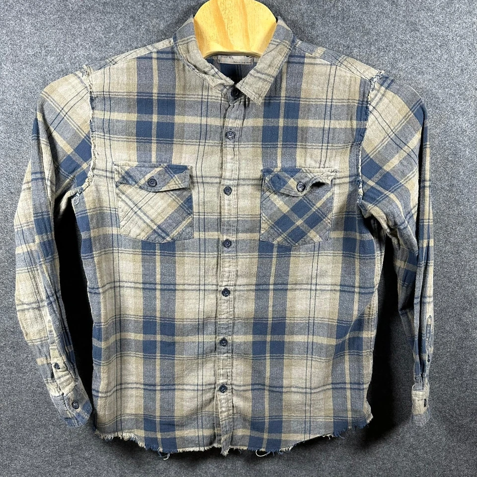 Retrofit Mens Large Plaid Distressed Flannel Shirt Blue Tan Grunge - Image 2 of 4