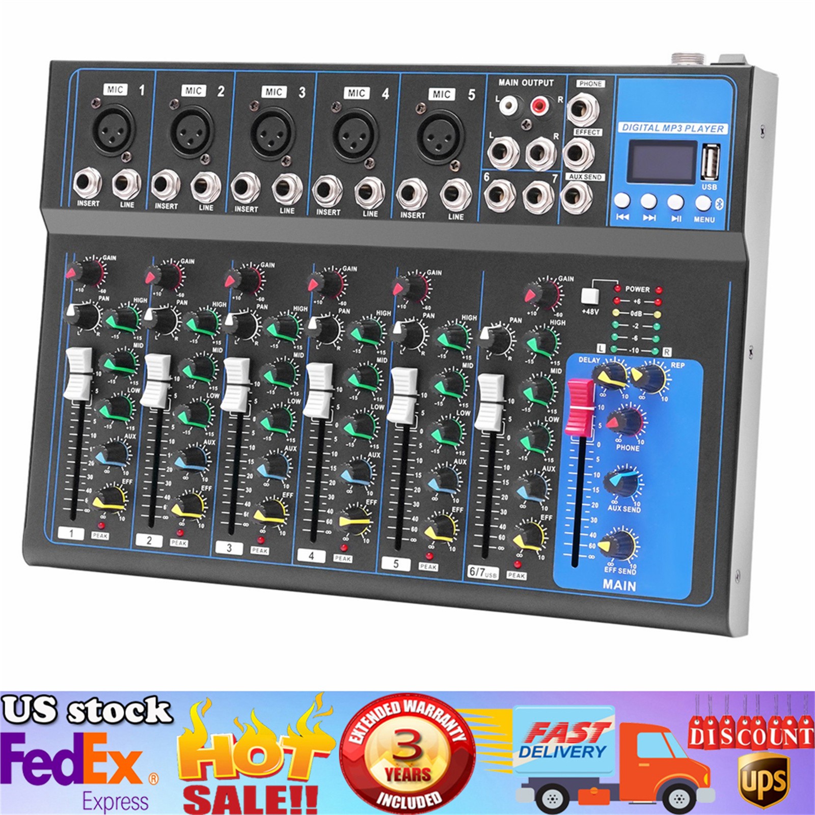 Portable 7-Channel Bluetooth Audio Mixer USB DJ Sound Mixing Console Board