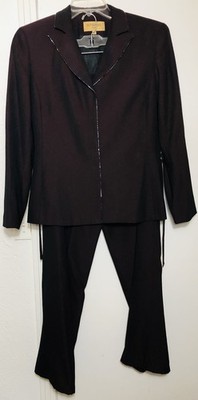 Bergamo by EBI Women s Two-Piece Pant Suit Sz 8 Wine Burgundy Black Bead Trim US