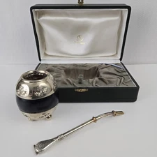 Vtg Industria Argentina Alpaca Yerba Mate Gourd, Bombilla Straw Silver 18K Gold