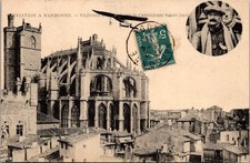 French Postcard Aviator Jules V�drines Flying over Cath�drale Saint-Just et Sain