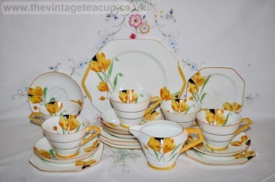 RAR Handbemalt Art Deco Paragon Bone China Teeservice Gelb Krokus Trio Teller