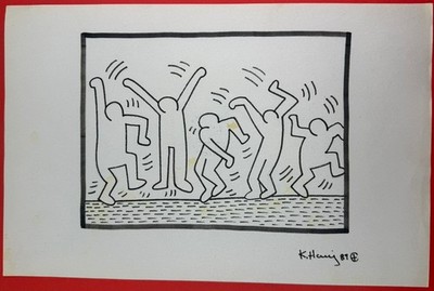 Keith Haring (Handmade) Mixed Media on Paper Painting signed and stamped