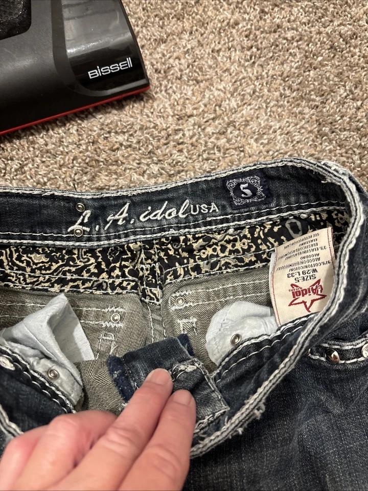 Pantalones de mezclilla LA Idol EE. UU. azules adornados elásticos costuras gruesas para mujer talla 5 Foto 3 de 4