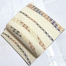 Kimono Obi Belt Cream Diamond Pattern Silk 17.4" x 12.2" Six-Piece Used