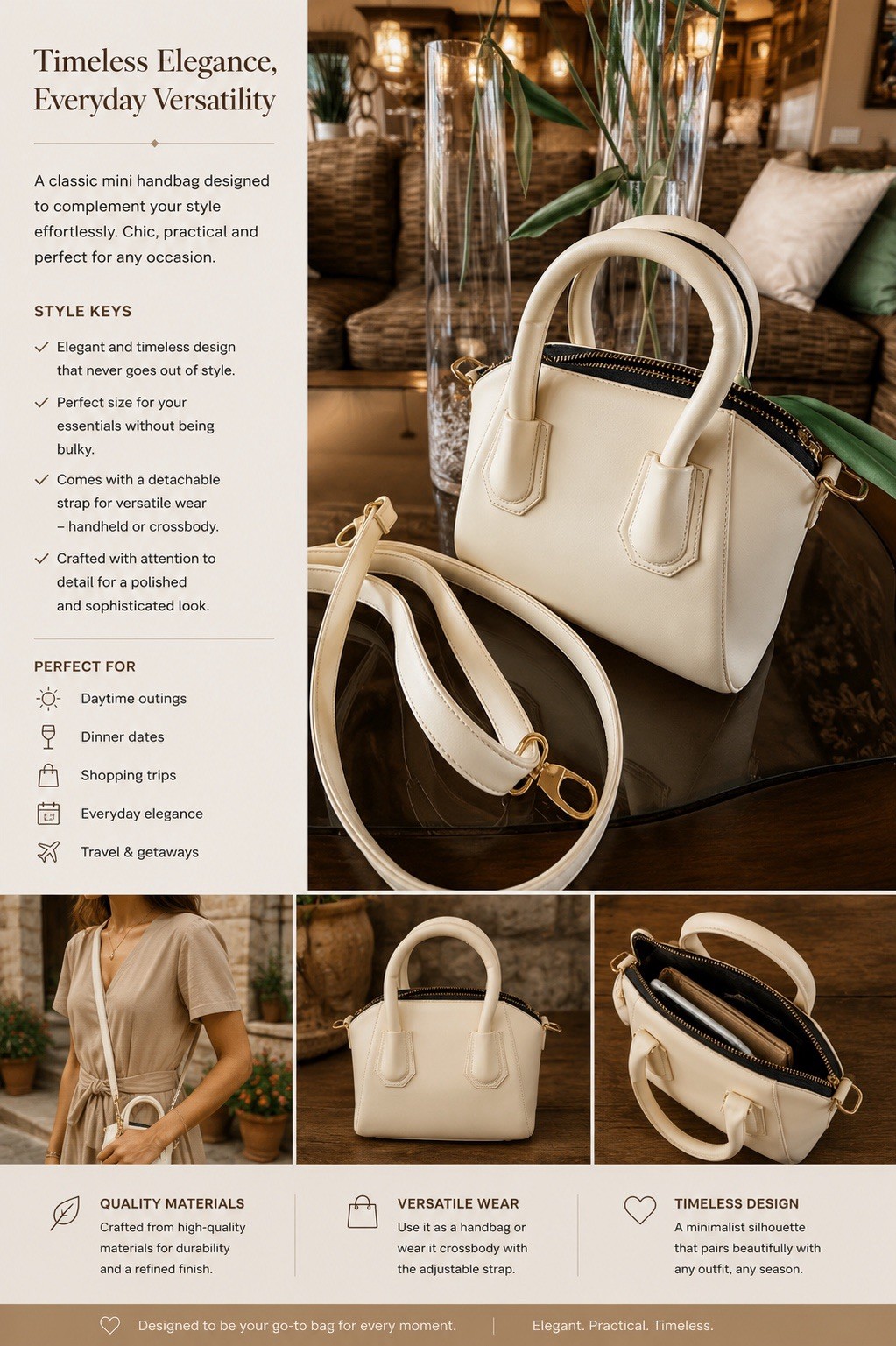 Ivory Satchel Top Handle Zip Bag Gold Hardware Detachable Shoulder Strap