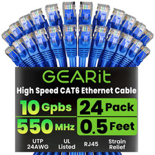 Cat 6 Ethernet Patch Cable 0.5 ft Blue 24 Pack High Speed 10Gbps RJ45 Snagless