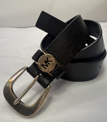 Michael Kors women's logo 1.5" wide Leather Belt Black Silver size M 34-38 - Picture 1 of 13