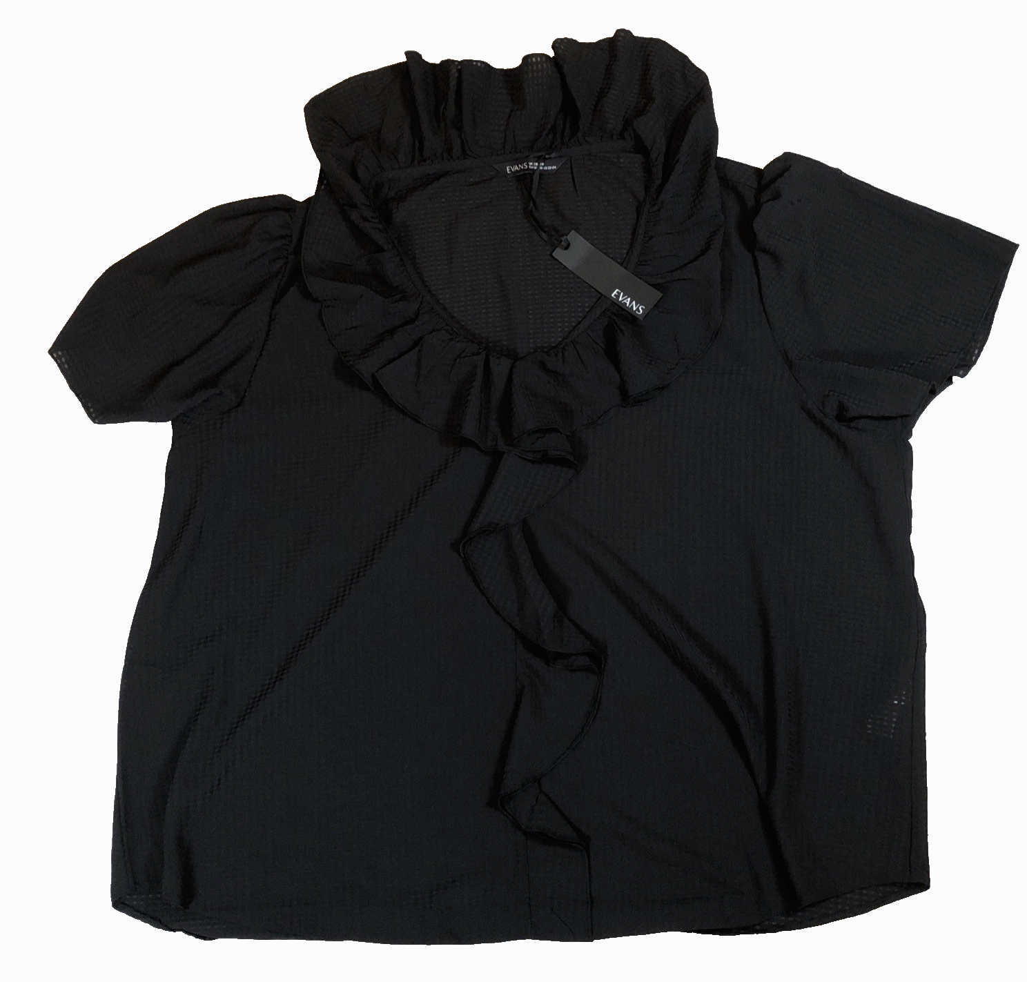 EVANS Curve Ruffle Neck Short Sleeve Blouse UK 26-28 Black Curved Hemline