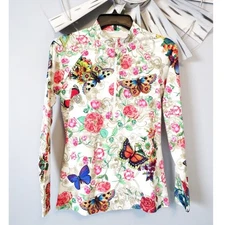 Johnny Was California Cream Floral Butterfly 1/2 Zip Long Sleeve Top – Size L