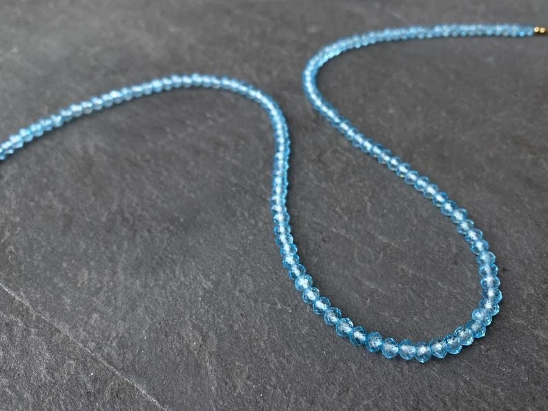 3-4MM A++ Blue Topaz Faceted Round Gemstone Beads Handmade Women Necklaces 18'' - Image 3 of 4