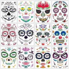 12Pack Day of The Dead Sugar Skull Face Temporary Tattoo Halloween Makeup Tattoo