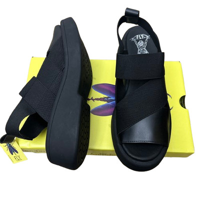 Fly London Damen Sandalen schwarz Größe UK 9 EU 42 Plateau Trense Riemen schmale Passform