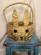 Bunny Face Easter Basket Large Water Hyacinth And Carbon Steel 10.75”x6”