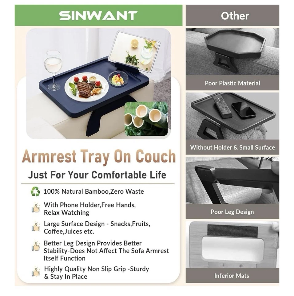 SINWANT Mesa Apoyabrazos Sofá, Mesa Brazo Sofá Bambú con Soporte para Teléfono Foto 4 de 4