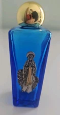Vintage Cobalt  Blue Holy Water Bottle Virgin Mary Emblem
