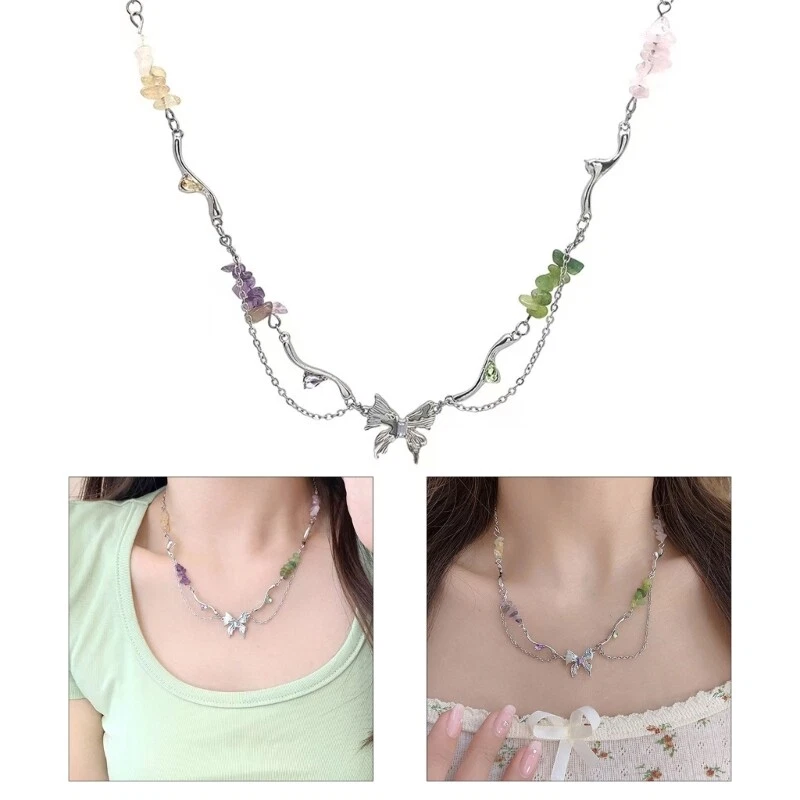 Irregular Broken Stone Aesthetic Necklace Fashion Butterfly Double Layer Chain