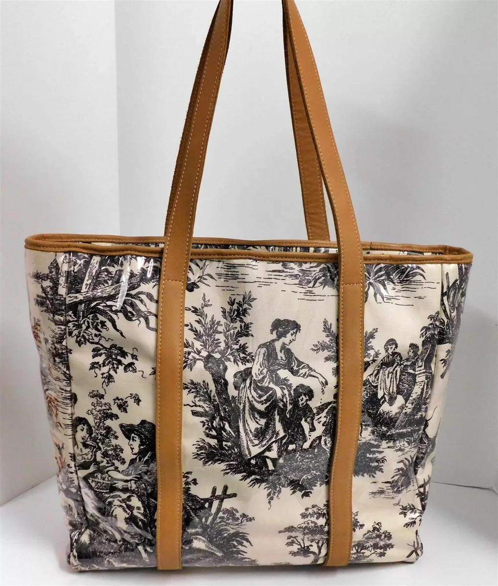 Clever Carriage Company Clear PVC Brown Leather Embroidered Old World XL Tote