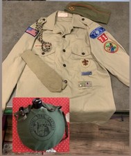 Vtg Boy Scouts Uniform Shirt w/Patches Hat Tie Den Chief Cord Blt Slides Canteen