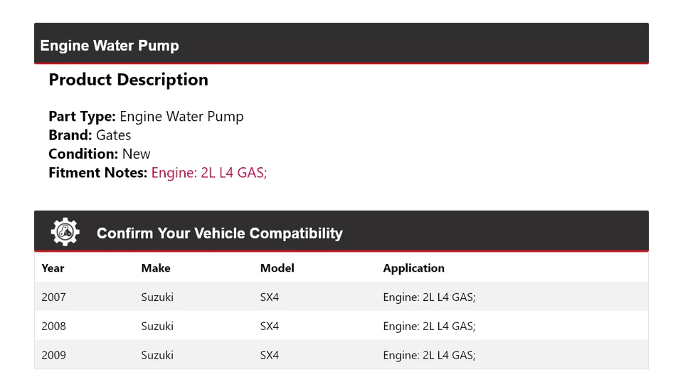 Para Suzuki SX4 2007-2009 2L L4 motor de gasolina bomba de agua puertas 2008 Foto 2 de 4