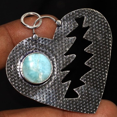 925 Silver Plated Larimar Ethnic Broken Heart Pendant Jewelry Size 2.6'' GW