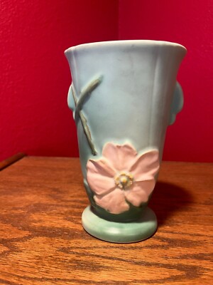 Weller Pottery Mint Green Wild Rose Art Deco Vase w/Tab Handles; 1930s