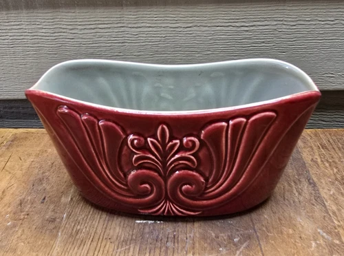 MCM Red Wing Art Deco Pottery Vase/Planter Vintage Cranberry & Gray #1401 USA