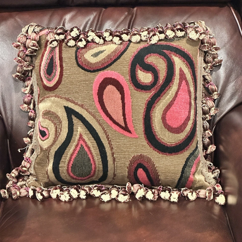 Custom Woven Throw Pillow Down Insert Feather Tassels Paisley Flowing 16" x 16" - Image 2 of 4