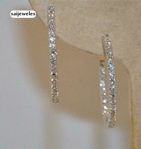 Pendiente clásico de aro huggie 3 quilates creado en laboratorio diamante de corte redondo oro blanco 14 quilates bien - Imagen 6 de 6
