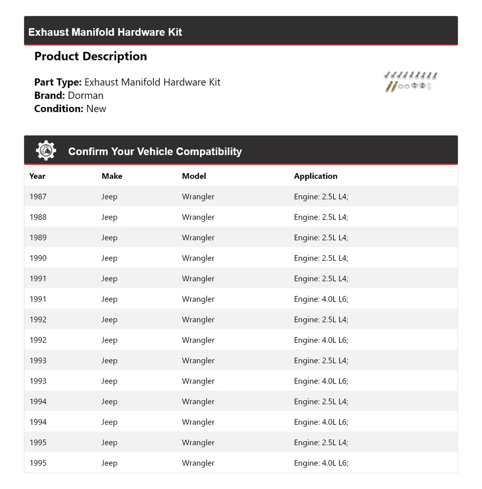 Kit de herrajes colector de escape para Jeep Wrangler Dorman 1987-1995 1988 1989 1990 Foto 2 de 4