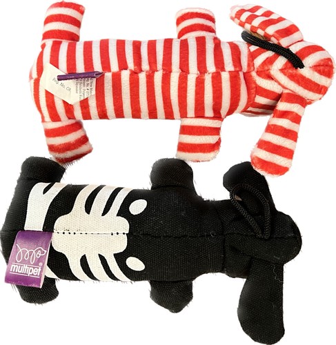 2 Halloween Dog Toys Skeleton/stripe Squeaky 7” Plush Black Red - Picture 2 of 6