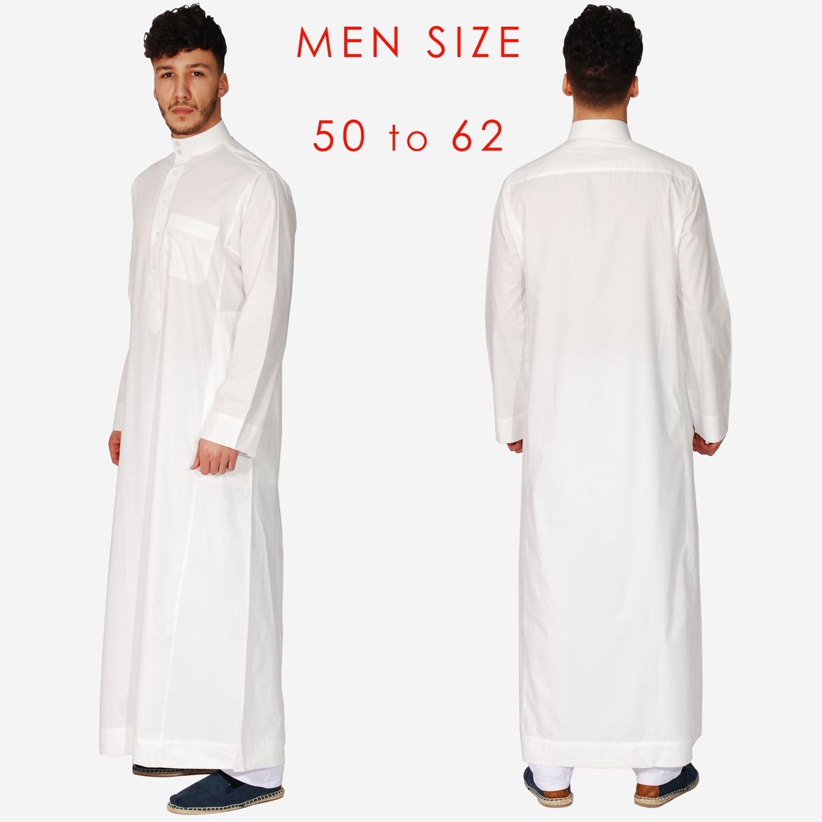 Size 50 to 62 Men White Saudi Jubba Thobe Pocket Jabba Thawb
