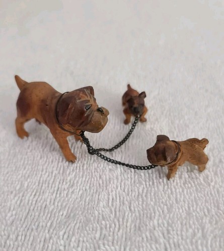 VTG ENGLISH FRENCH BULLDOG DOG FIGURINES WOODEN MOMMY 2 PUPPIES CHAIN DOGS SMALL