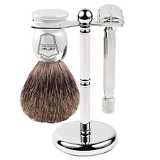 Parker 82R Shave Set - Safety Razor, Stand & 100% Pure Badger Shave Brush 